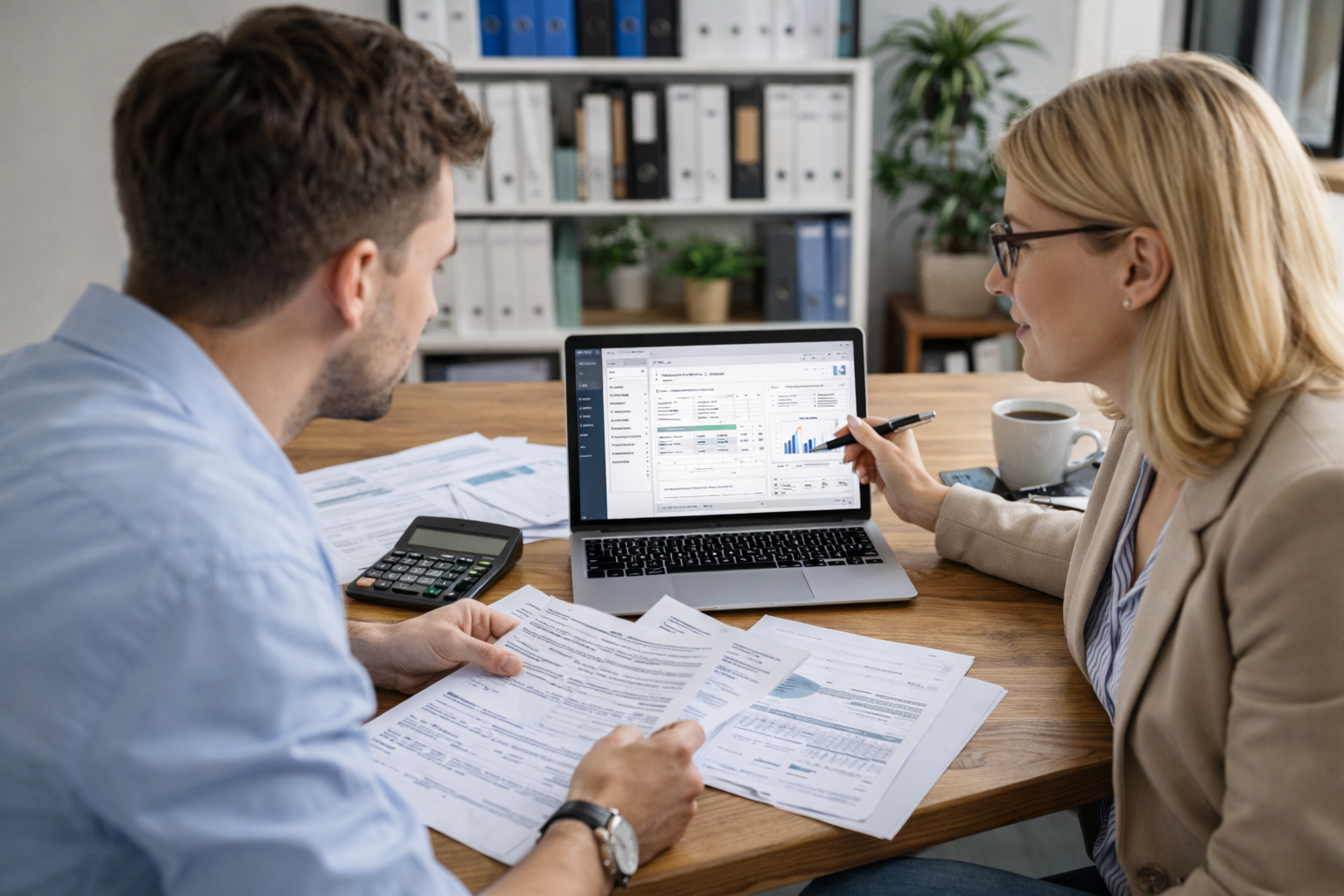 Księgowa i specjalista IT omawiają integrację systemu finansowego na laptopie, dokumenty i kalkulator na biurku, biuro w tle